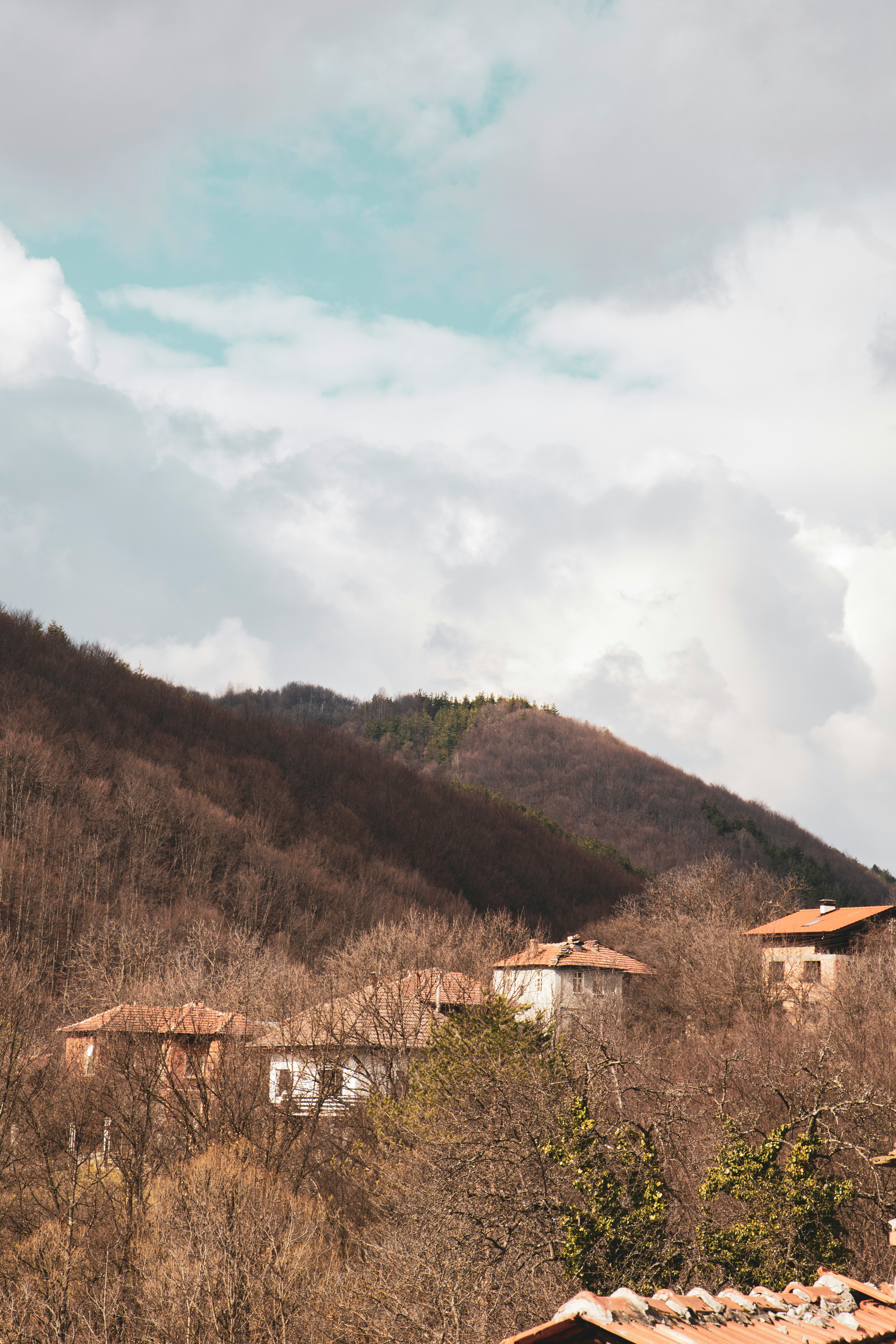 white and brown house on green grass field near mountain under white clouds during daytime